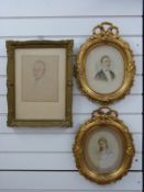Three 19th/20thC watercolour portraits two in gilt oval frames