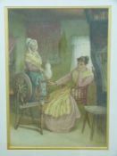 M Bayes late 19thC/early 20thC watercolour interior scene of two ladies spinning,