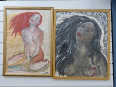 Two watercolours on paper laid on board of nude women (58cm x 40cm)