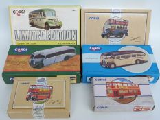 Six Corgi and Corgi Commercials diecast model buses comprising Southern National Bedford OB Coach