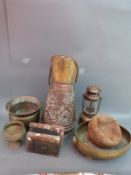 Vintage copper items, brass, ceramic jug, tins, disco ball,