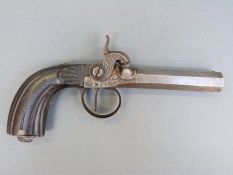 Belgian percussion hammer action pistol with ornately engraved lock, top plate,