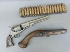 Replica flintlock hammer action rifle together with a similar pistol,