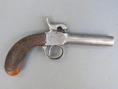 Percussion hammer action pistol with chequered and shaped walnut grip, vacant wrist cartouche and 2.