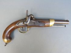 French 13 bore percussion hammer action service pistol with lock engraved 'Charleville' and stamped