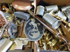 A large quantity of metalware to include novelty items, hip flask formed as a pistol, candlesticks,