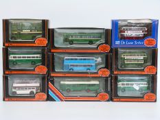 Nine Exclusive First Editions (EFE) diecast model buses including Deluxe Series,