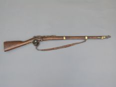 French model 1866-74 Chassepot bolt action rifle with brass mounts, trigger guard and butt plate,
