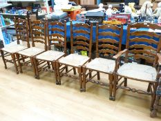 Six rush-seated oak ladder back dining chairs (5+1) with bobbin stretchers