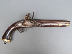 12 bore flintlock hammer action pistol with 'W' proof stamped lock, brass trigger guard and mounts,