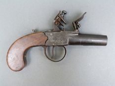 Flintlock hammer action pistol with engraved lock named Chas Hep London, thumb slide safety,