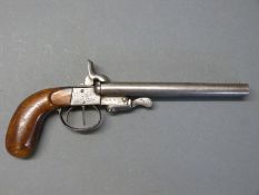 Side by side pin fire hammer action pistol with engraved locks, top plate and trigger guard,