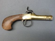 Belgian 40 bore percussion hammer action pistol with shaped walnut grip, steel hammer,