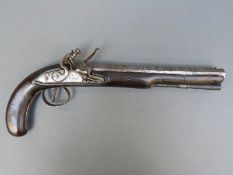Flintlock hammer action duelling pistol with lock plate named Wogdon, engraved top plate,