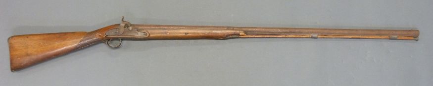 16 bore percussion hammer action gun with indistinct name to lock, engraved brass butt plate,