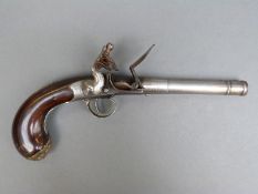 G Gill of Richmond, Queen Anne 40 bore flintlock hammer action pistol with mask embossed butt cap,