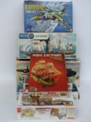Seven Airfix, Revell and Matchbox model kits including Kenworth lorry, HMS Victory, SC-10 Airbus,