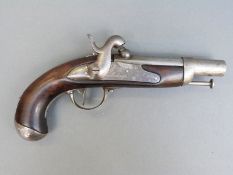French 16 bore percussion hammer action service pistol with lock engraved 'Maubeuge', steel mounts,