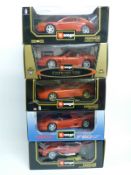 Five Burago 1:18 scale diecast model Ferrari sports cars,