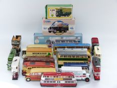 Twenty-two Corgi diecast model buses, trams and commercial vehicles including EFE, OOC,