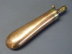 G & J W Hawksley copper and brass pistol powder flask of slender proportions, 20.5cm long.