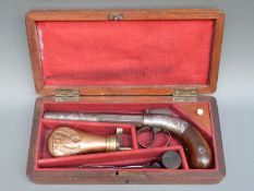 Allen Thurber & Co percussion bar hammer action pistol with engraved lock, shaped walnut grip,