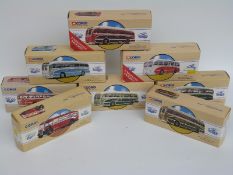 Eight Corgi Classics and Public Transport diecast model buses Leyland Tiger 97213 and Burlingham