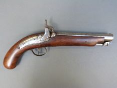 Indistinctly named, 16 bore percussion hammer action pistol with engraved lock,