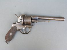 Pinfire six shot revolver with chequered grips, suspension loop and 6 inch barrel,