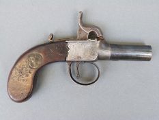 Percussion hammer action pistol with lock named possibly 'Larimers, Stockton' and engraved,