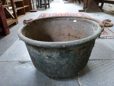 An antique copper cooking pot with iron handle, diameter 51cm,