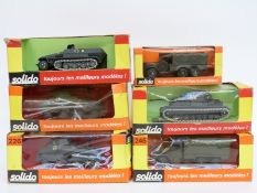 Six Solido diecast model military vehicles, Bussing 226 x2, Char PZIV 237, Half-Track Hanomag 241,
