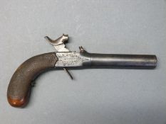 Parkes of London percussion hammer action pistol with named and engraved lock, folding trigger,
