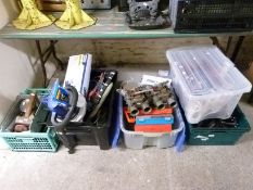 A quantity of tools, pumps, laser level etc to include axle stands, files, polisher,