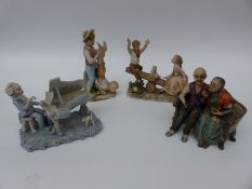 Three Capodimonte figures and a novelty ceramic pianist