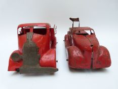Two pressed steel model fire engines both with drive activated bells