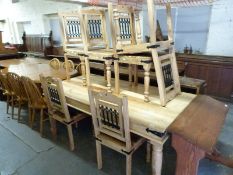 A hardwood table and six chairs,