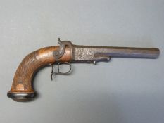 Le Page 18 bore breech loading percussion hammer action target pistol with finely engraved lock,