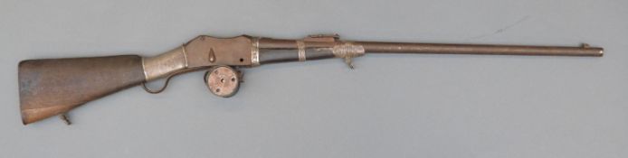Martini Henry underlever action rifle with ornate silver banding, indistinct stamp to lock,