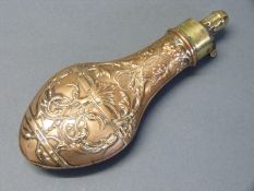 G & J W Hawksley copper and brass powder flask with embossed decoration of scrolling vines and