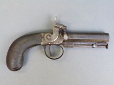 Percussion hammer action pistol with engraved lock, trigger guard, top plate,