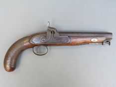 Henry Nock of London 24 bore percussion hammer action pistol with named and engraved lock,