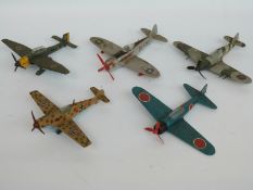 Five Dinky Toys diecast model aeroplanes, Junkers JU 87 B, P-47 Thunderbolt, Hawkers Hurricane Mk.