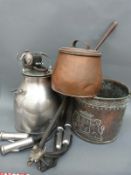 A large embossed copper bucket, copper pan,