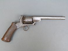 Belgian 60 bore six-shot percussion revolver with ring trigger, engraved frame and butt cap,