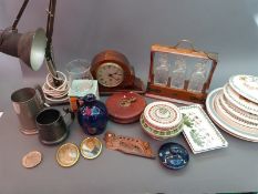 A small tantalus, large treen bowls, mantel clock, Rabone leather tape, ceramics,
