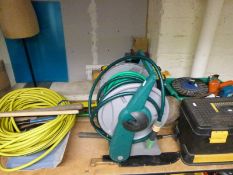 A quantity of garden and other tools, power tools, Railway interest shovel, hoses etc.