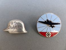 Two German Nazi pin badges, one a Luftwaffe Air Defence radio operator's enamel badge marked 47257,