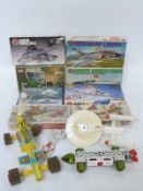 Eight Airfix 1:72 scale Airfix model aircraft kits together with a Dinky Toys diecast model USS