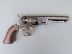 Cooper six-shot percussion hammer action revolver with part brass frame and 5 inch octagonal barrel